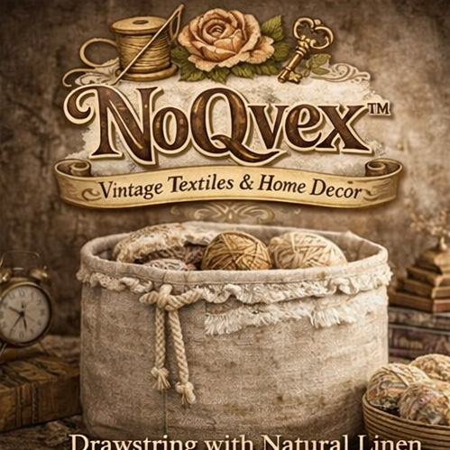 NoQvex™ Antique Linen Rope Basket | Rustic Drawstring Fabric Organizer | Vintage Utility Storage Bag