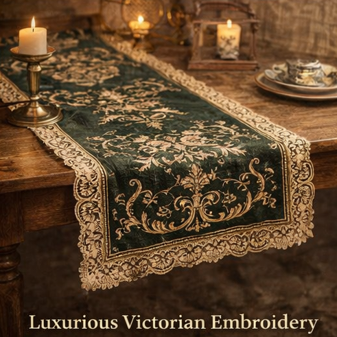 NoQvex™ Embroidered Velvet Table Runner | Victorian Style Decorative Table Cover | Luxury Vintage Textile